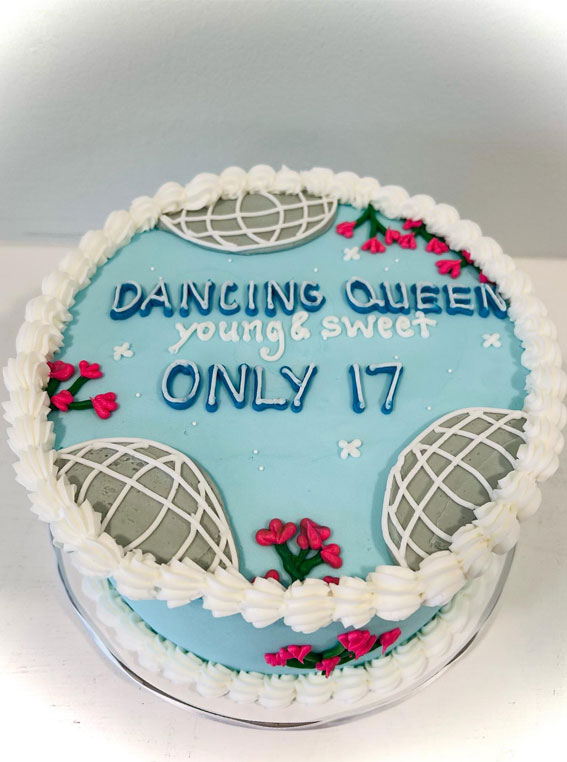 dancing queen-themed birthday cake, sweet 17th birthday cake, blue dancing queen cake, disco ball birthday cake, seventeenth birthday cake, dancing queen birthday cakes, dancing queen cake ideas, dancing queen birthday cake for 17th birthday