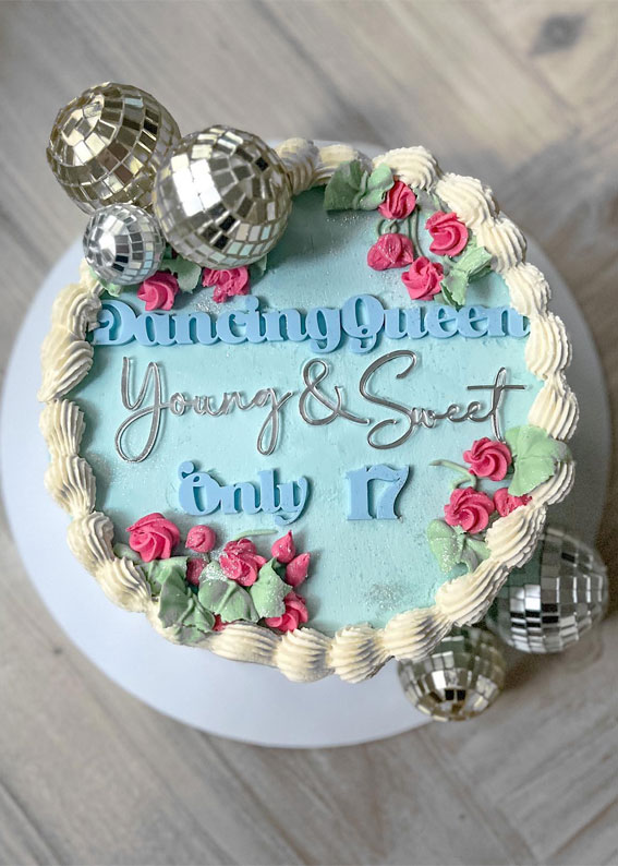 dancing queen-themed birthday cake, sweet 17th birthday cake, blue dancing queen cake, disco ball birthday cake, seventeenth birthday cake, dancing queen birthday cakes, dancing queen cake ideas, dancing queen birthday cake for 17th birthday