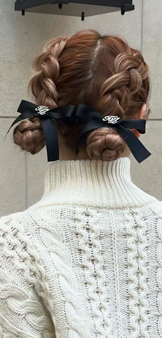 double braided bun with bows, easy bun hairstyle with bow, bow hairstyles, bubble braid with bow, bun with bow cute hairstyle, coquette hairstyle, bubble ponytail with bow, everyday hairstyle, ponytail with bow
