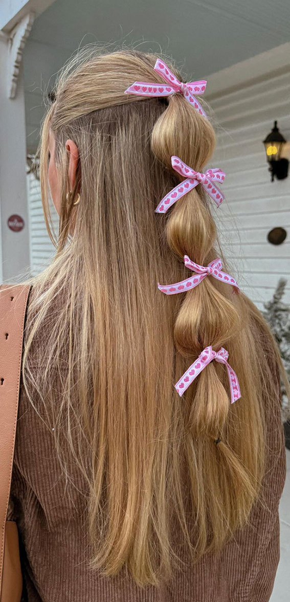 On-Trend Bow Hairstyles for a Chic and Playful Look : Heart Bow Tied Up Bubble Braided Half Up