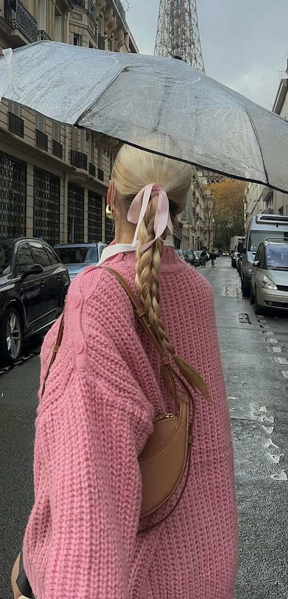 On-Trend Bow Hairstyles for a Chic and Playful Look : Light Pink Bow Tied Up Double Braids
