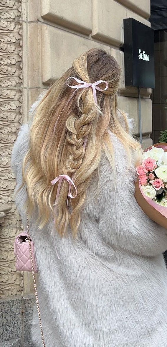 On-Trend Bow Hairstyles for a Chic and Playful Look : Easy Braided Half Up with Bows