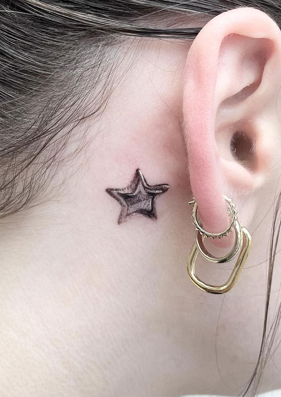 Celestial Charms 20+ Star Tattoo Designs : Chrome Star Tattoo Behind Ear