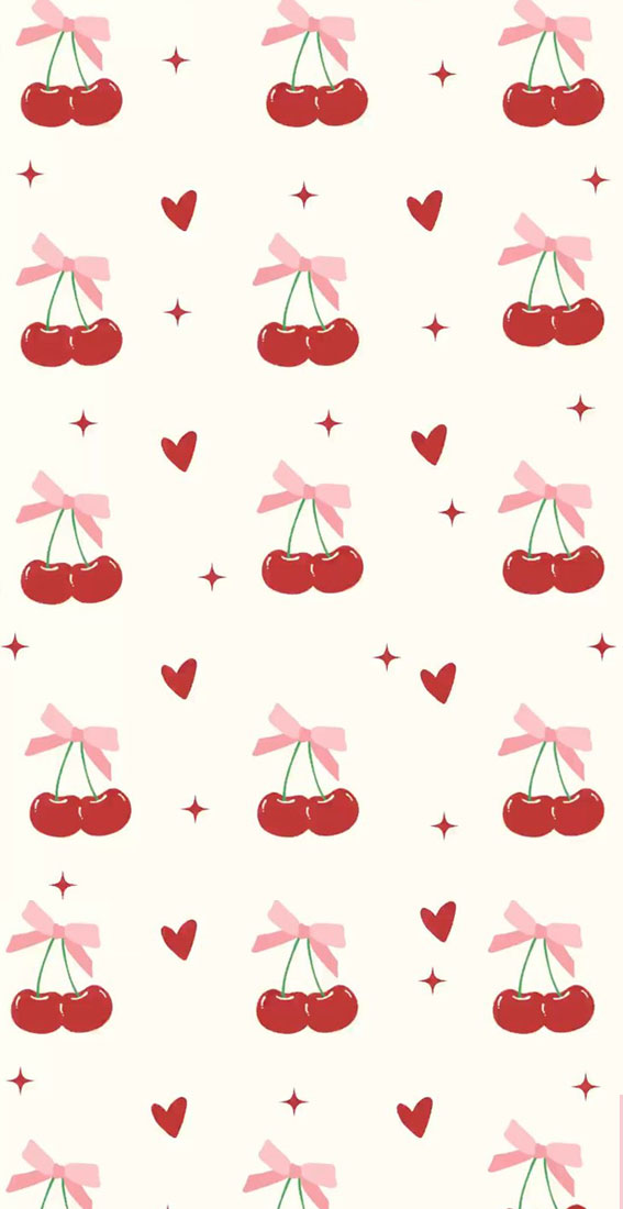 22 Cute Summer Wallpaper Ideas for 2024 : Red Cherry & Red Love Heart Wallpaper