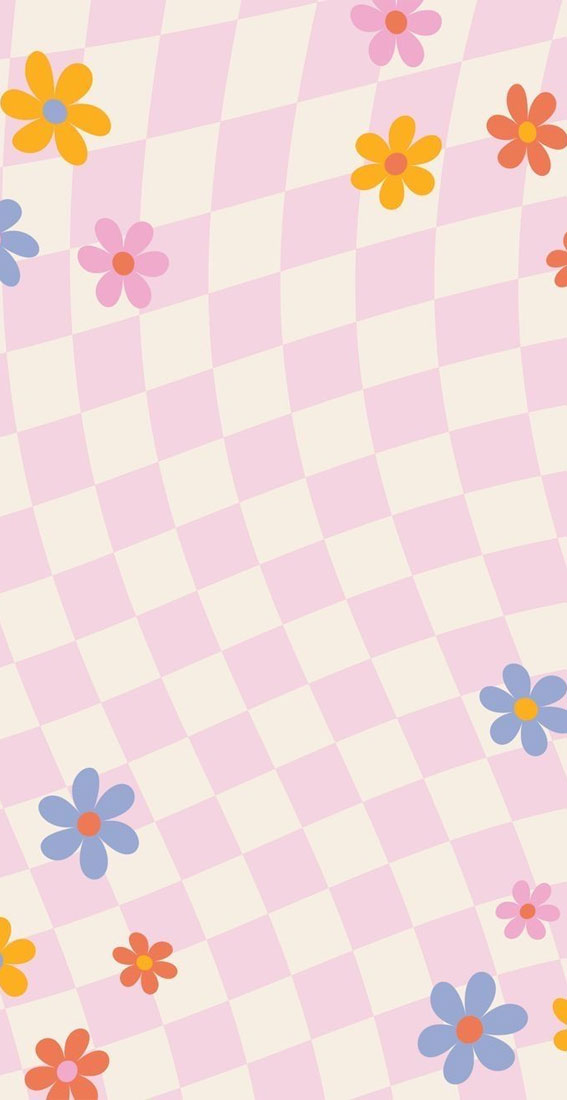 groovy checkered wallpaper, pastel checkered wallpaper, retro wallpaper, lilac checkered wallpaper, daisy on checkered wallpaper